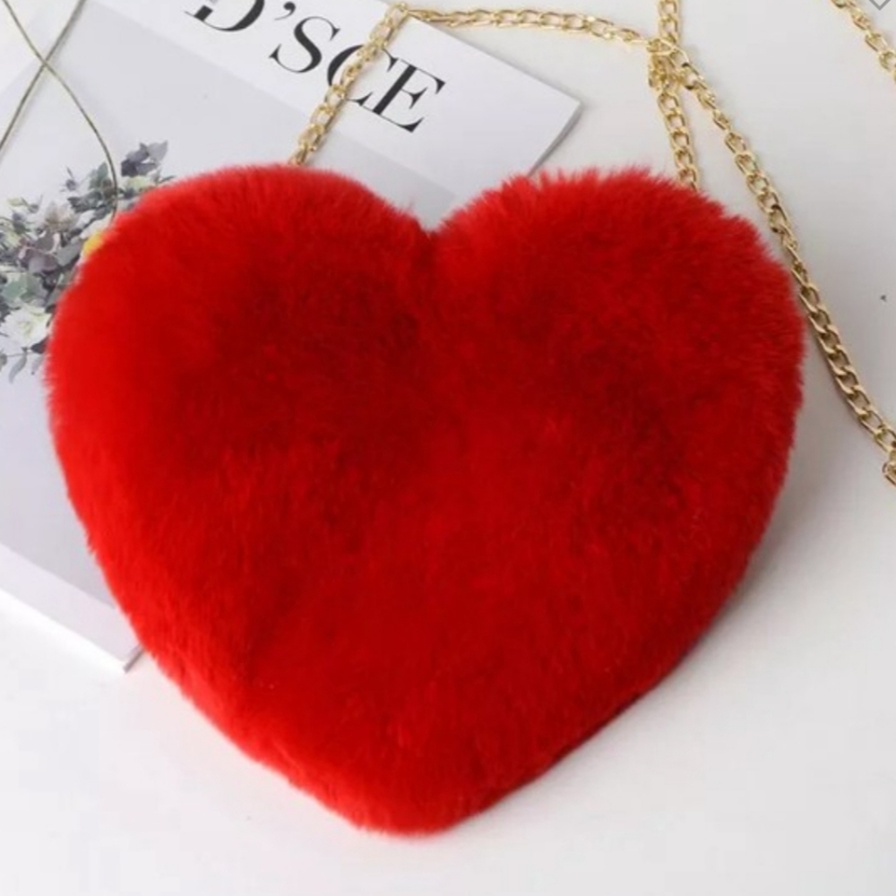 Faux fur heart shaped fuzzy red purse